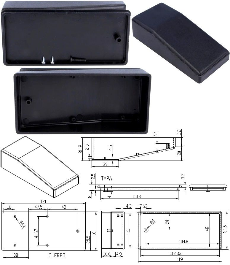 Caja de montaje tipo pupitre 121x54x35mm